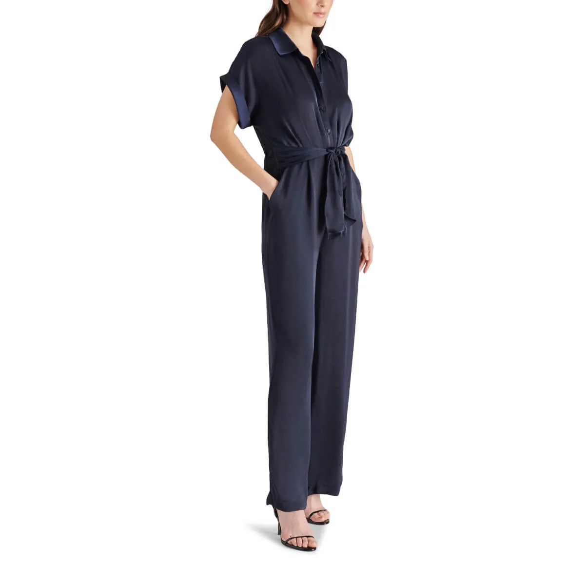 Steve Madden Tori Tie Waist Wide Leg Satin Jumpsuit