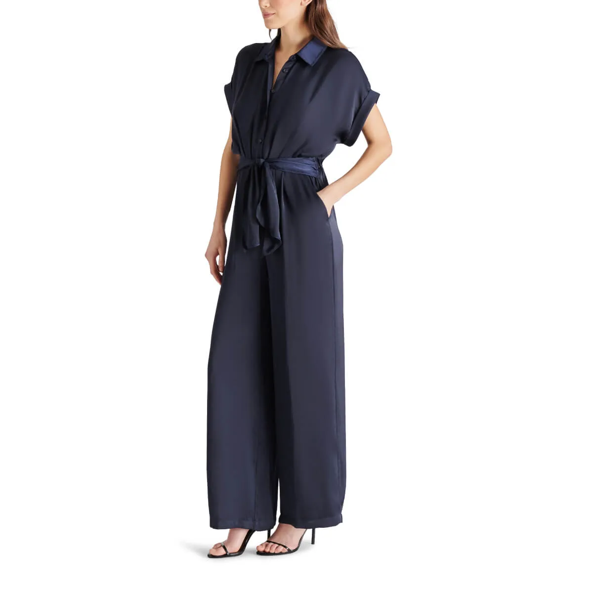 Steve Madden Tori Tie Waist Wide Leg Satin Jumpsuit