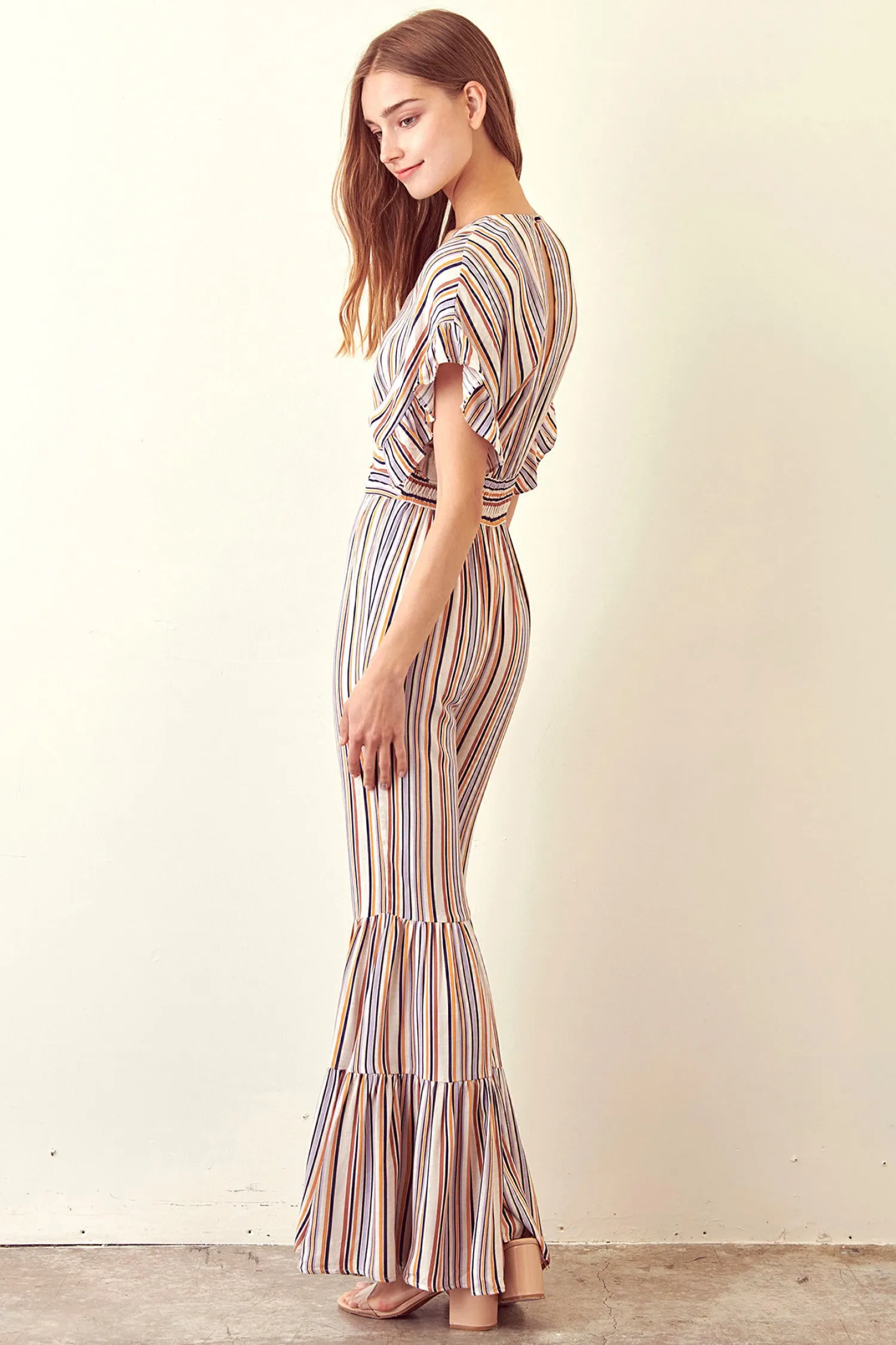 Storia Striped Jumpsuit Ruffled Bell Bottom