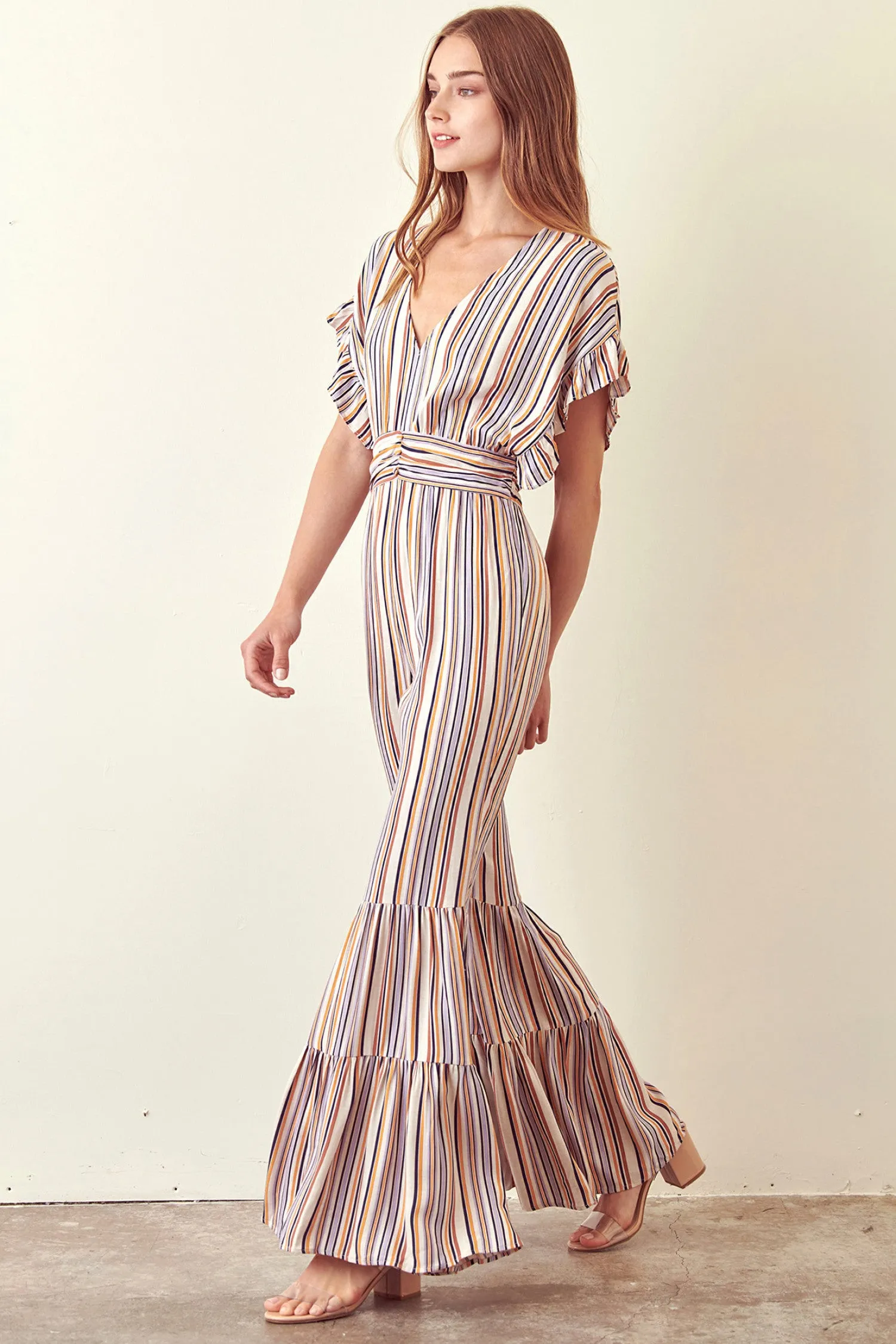 Storia Striped Jumpsuit Ruffled Bell Bottom