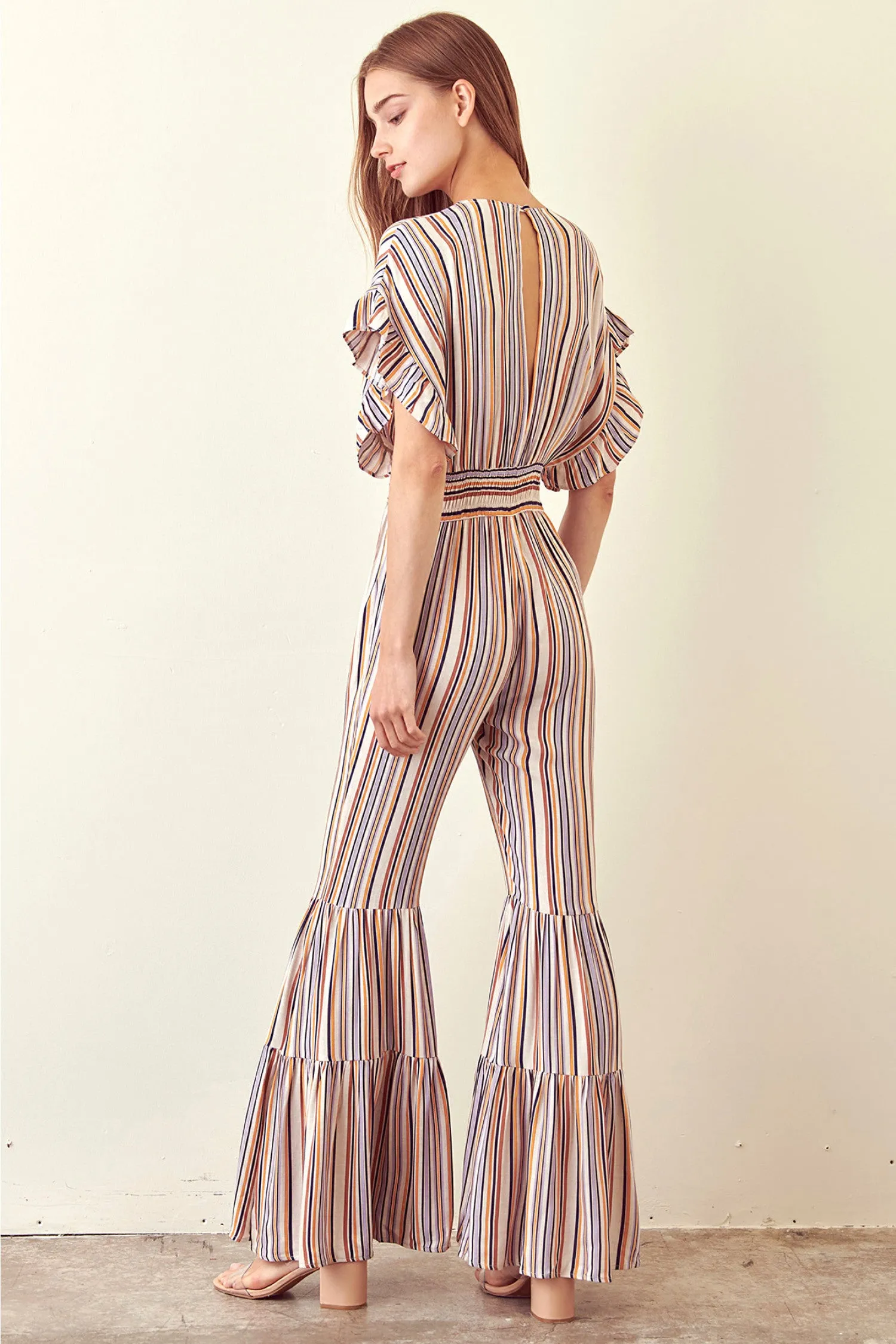 Storia Striped Jumpsuit Ruffled Bell Bottom