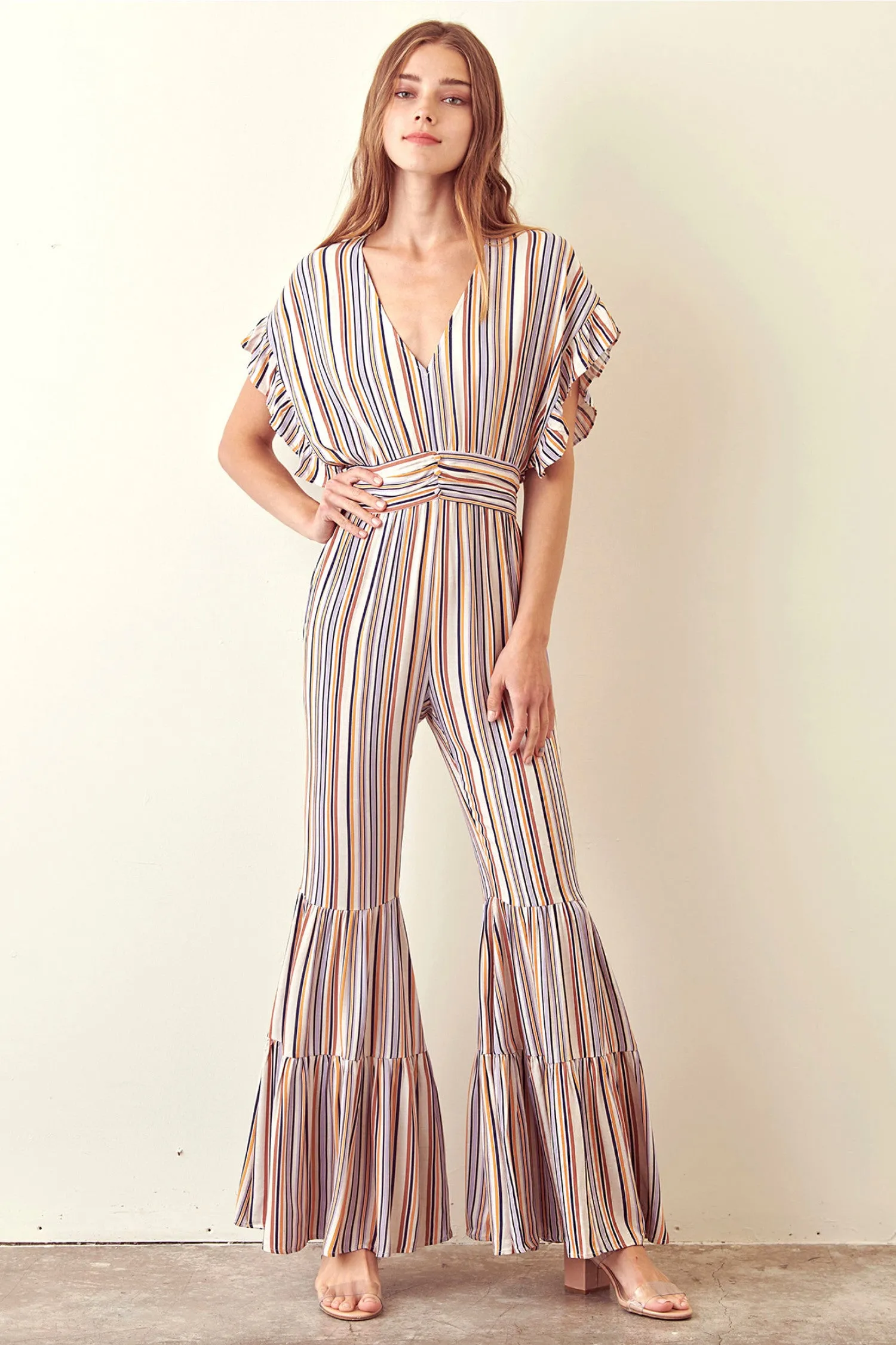 Storia Striped Jumpsuit Ruffled Bell Bottom