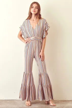 Storia Striped Jumpsuit Ruffled Bell Bottom