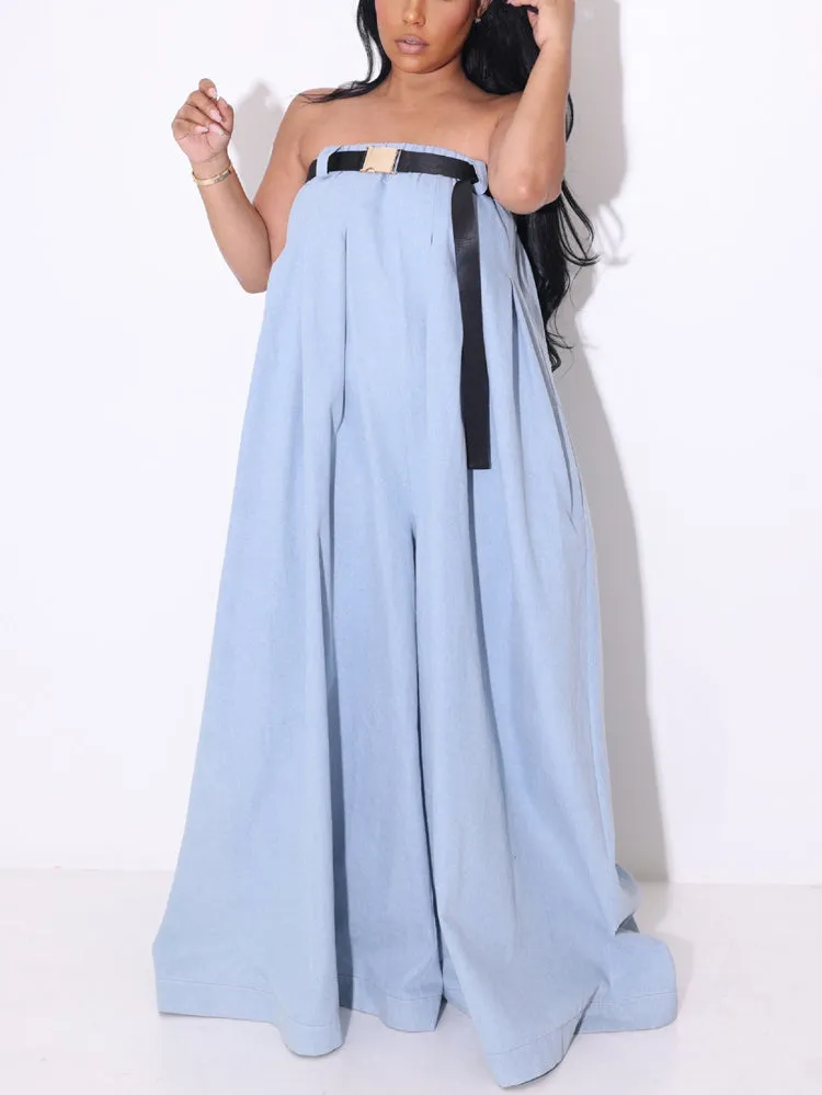 Strapless Loose Jumpsuit with Belt