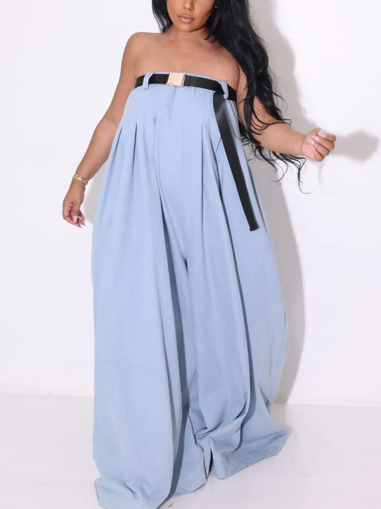 Strapless Loose Jumpsuit with Belt