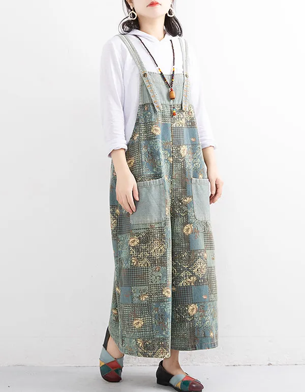 Straps Printed Denim Loose Wide Leg Jumpsuit