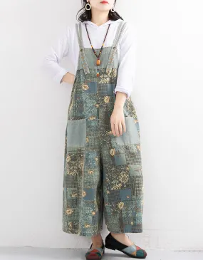 Straps Printed Denim Loose Wide Leg Jumpsuit