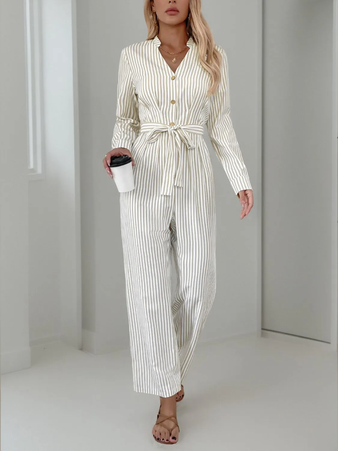 Striped Notched Long Sleeve Tie Waist Jumpsuit