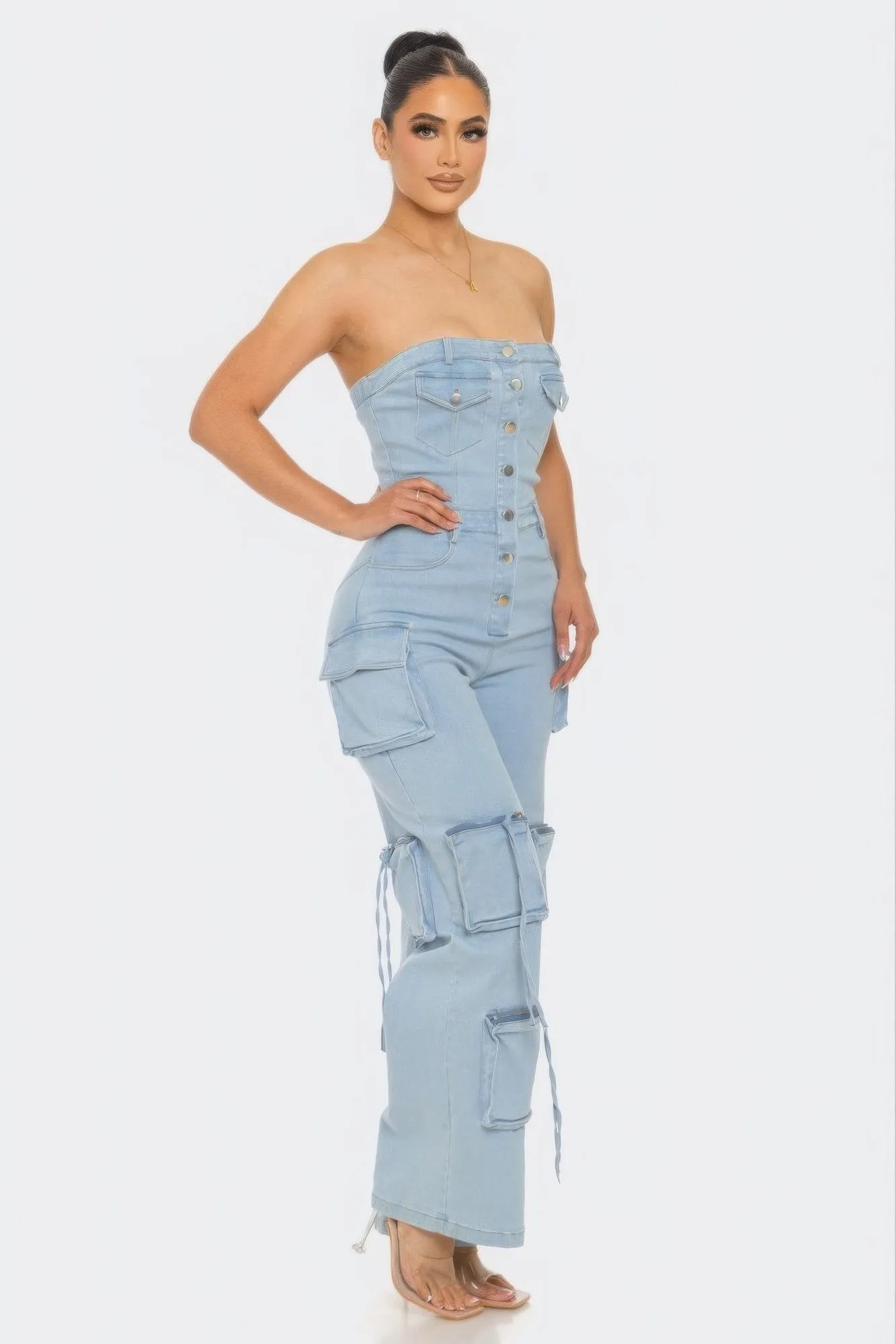 Stylish Strapless Cargo Stretch Denim Jumpsuit