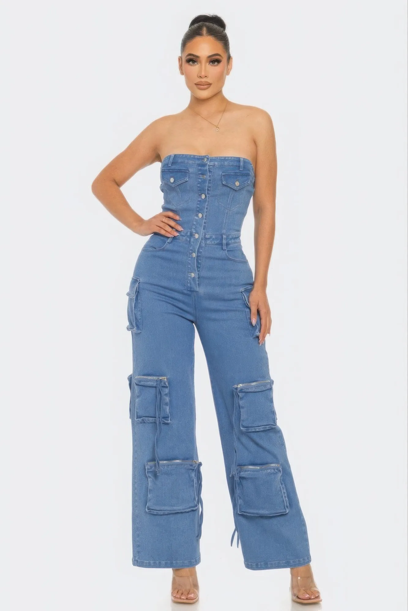 Stylish Strapless Cargo Stretch Denim Jumpsuit