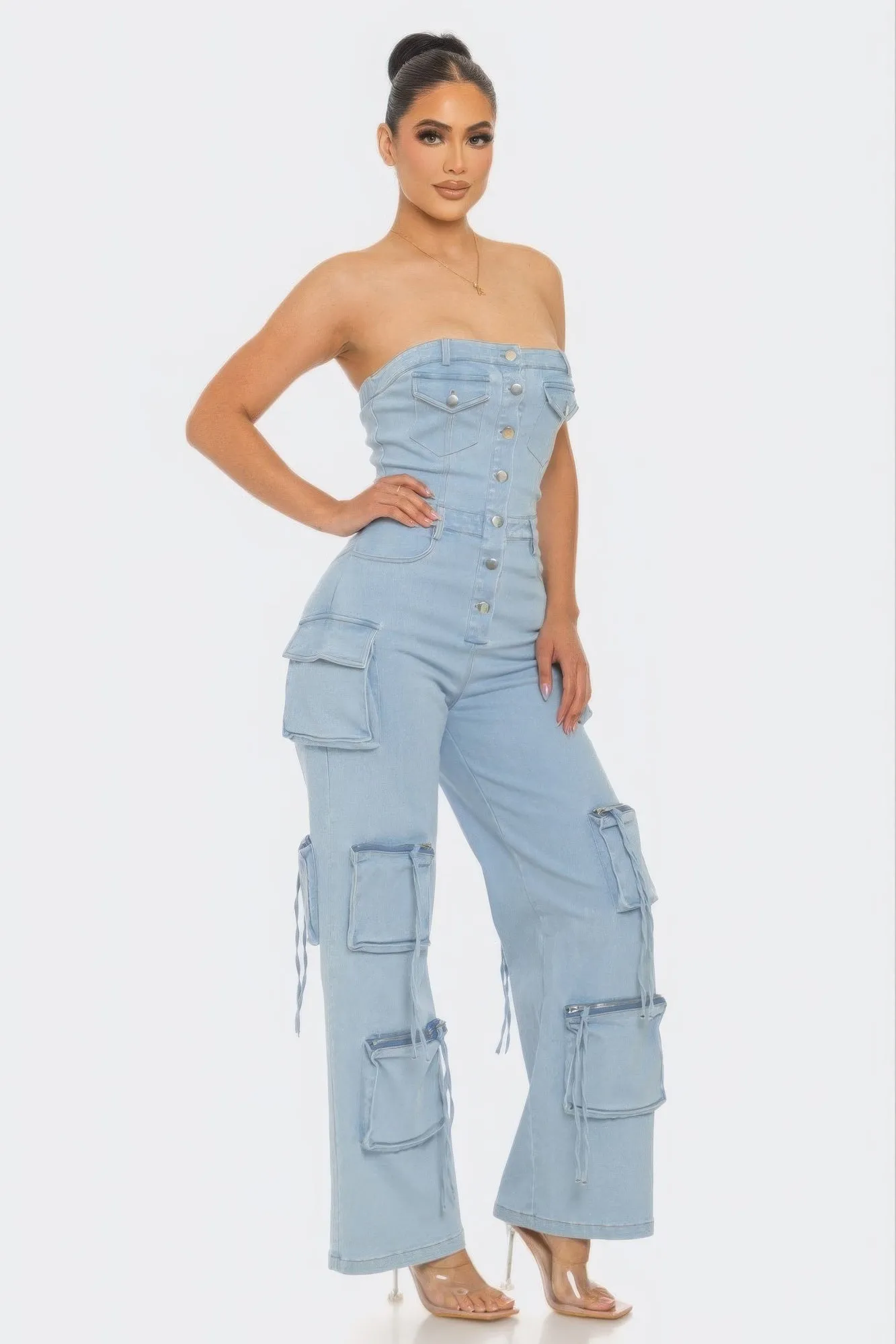 Stylish Strapless Cargo Stretch Denim Jumpsuit