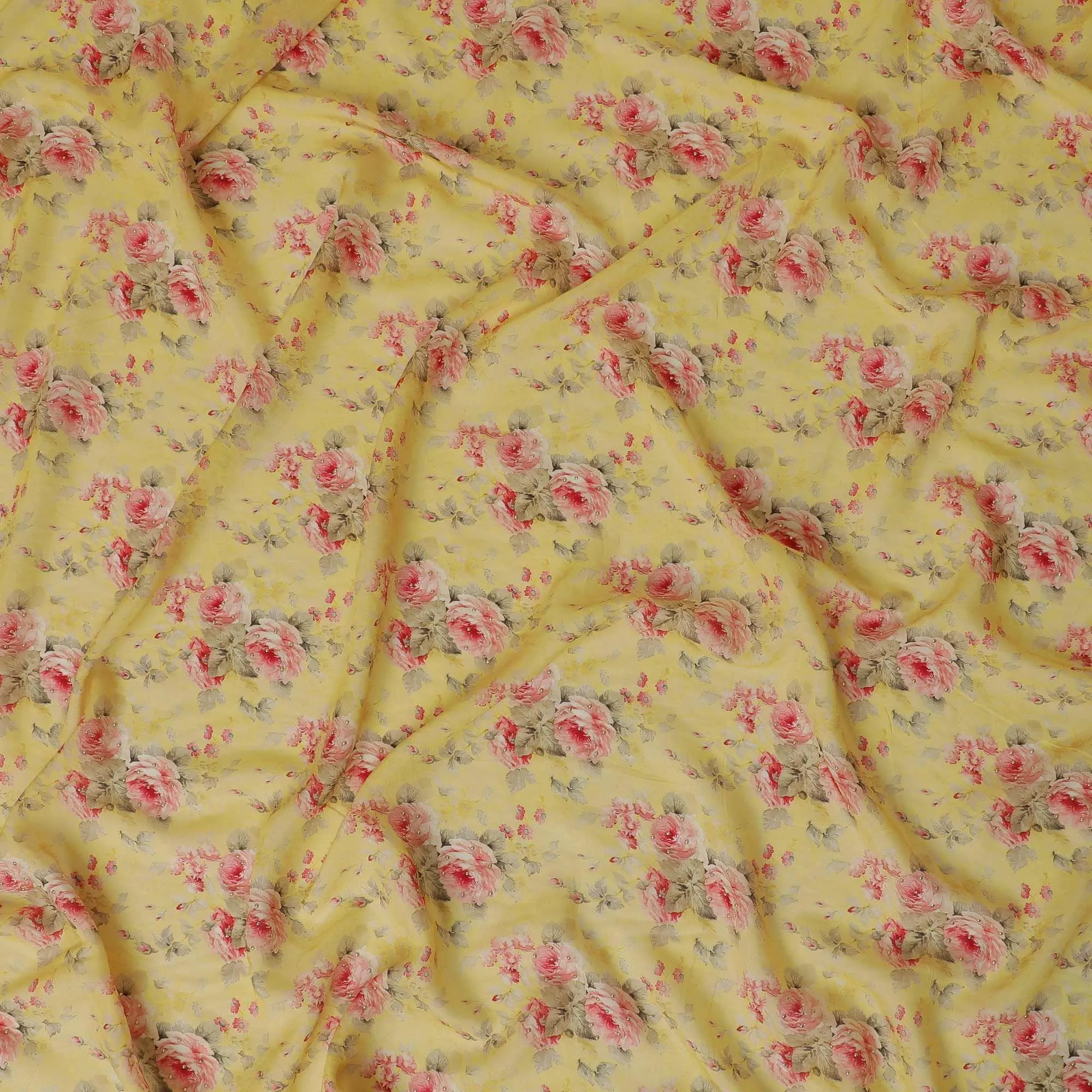 Sunflower yellow viscose fabric with hot pink, pale brown print having gold laminated stone work in floral design-D9262