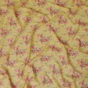 Sunflower yellow viscose fabric with hot pink, pale brown print having gold laminated stone work in floral design-D9262