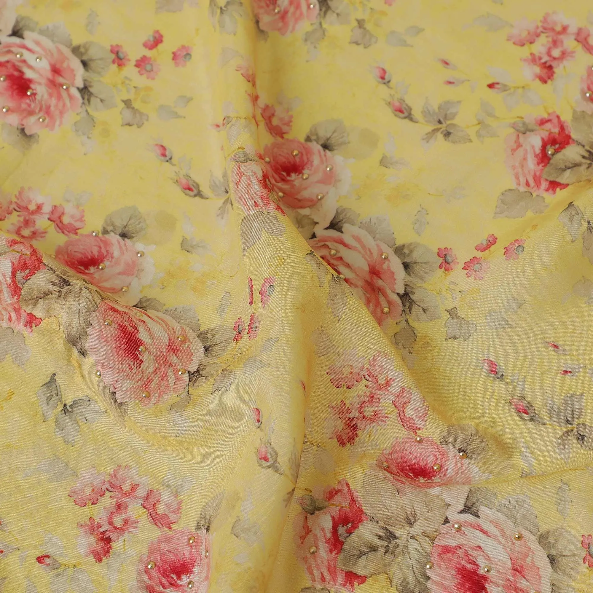 Sunflower yellow viscose fabric with hot pink, pale brown print having gold laminated stone work in floral design-D9262