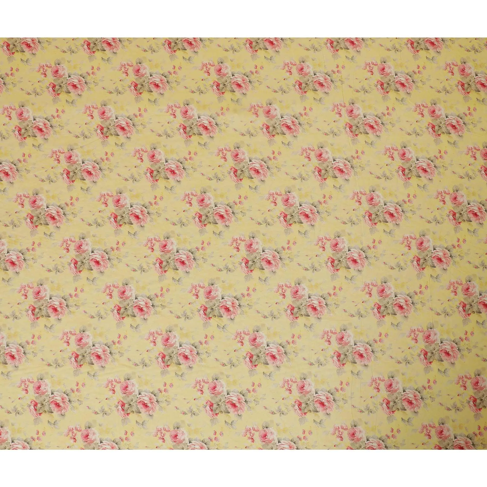 Sunflower yellow viscose fabric with hot pink, pale brown print having gold laminated stone work in floral design-D9262