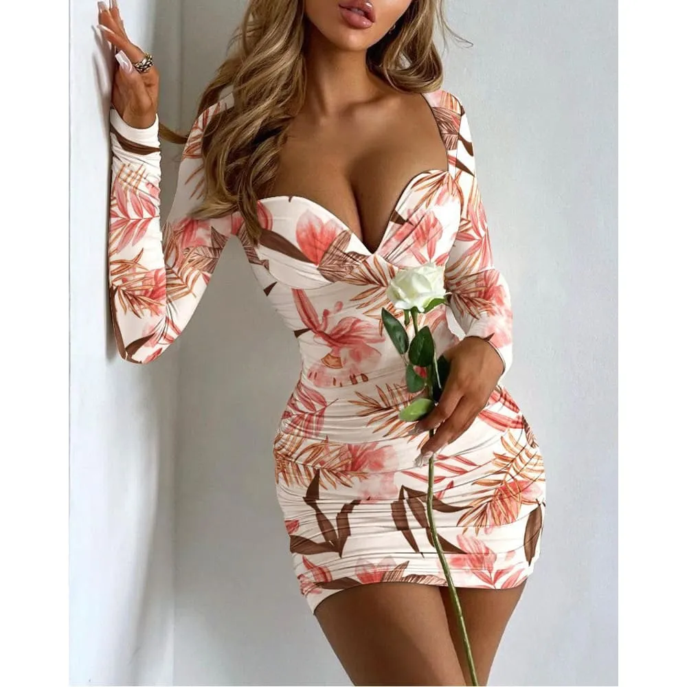 Sweetheart Bustier Long Sleeve Bodycon Pleated Mini Dress