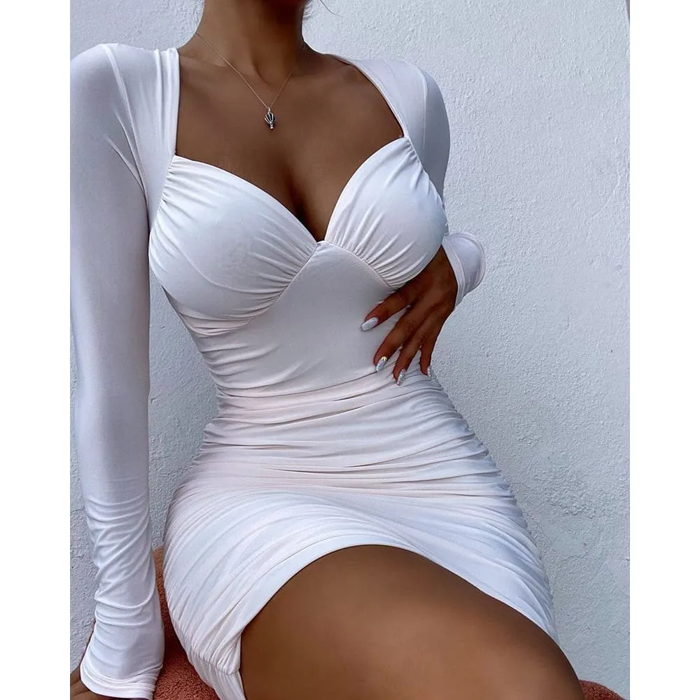 Sweetheart Bustier Long Sleeve Bodycon Pleated Mini Dress