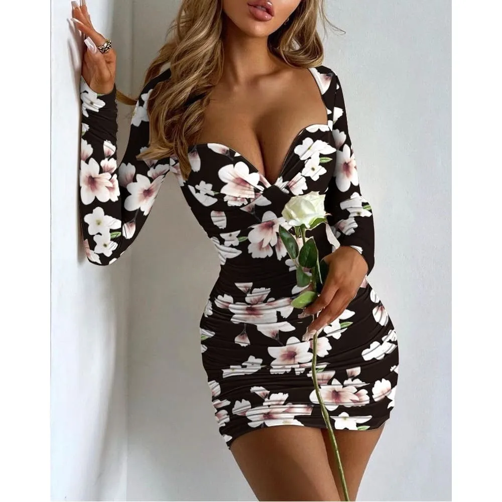 Sweetheart Bustier Long Sleeve Bodycon Pleated Mini Dress