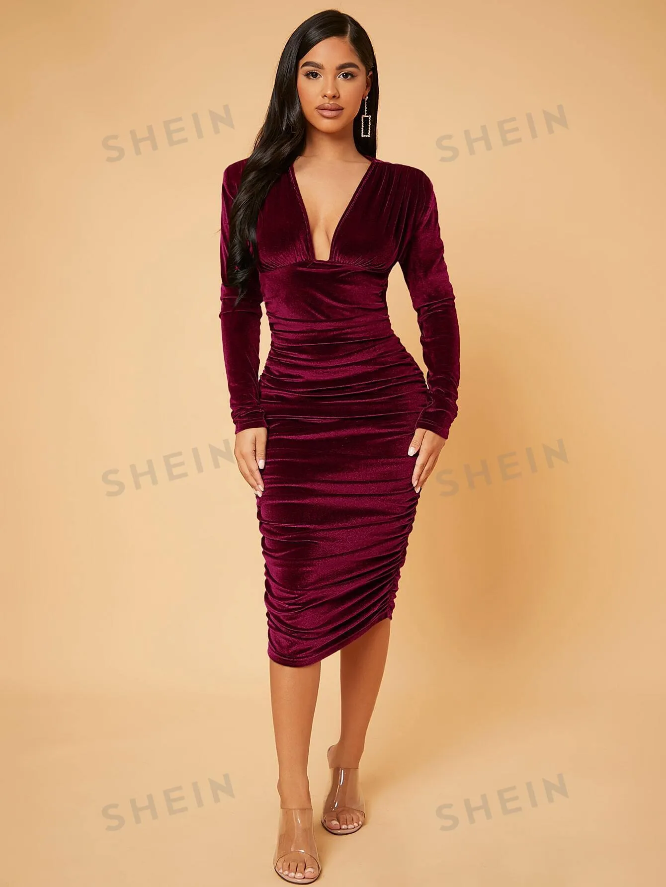 SXY Deep V Neck Ruched Velvet Bodycon Dress