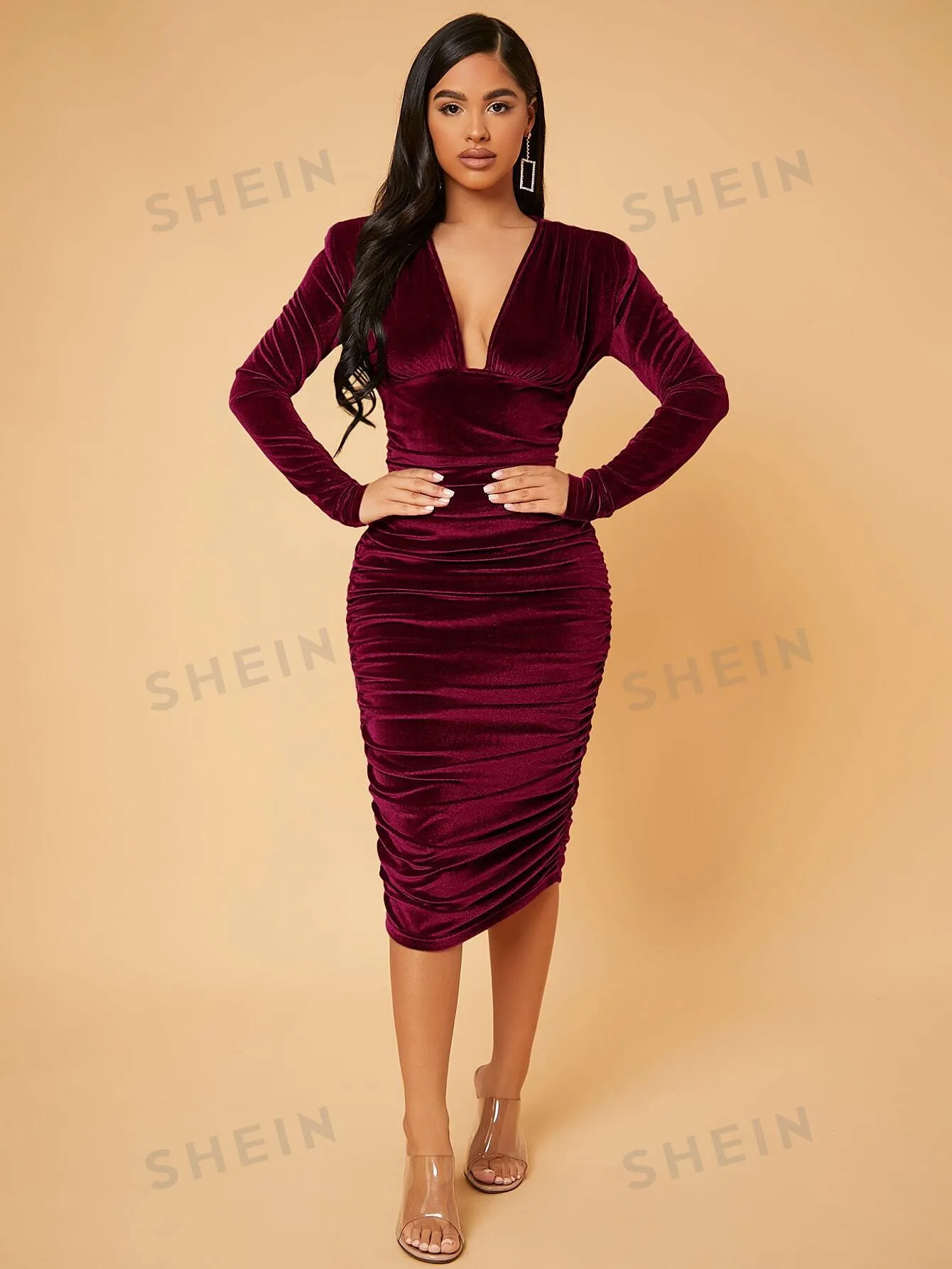 SXY Deep V Neck Ruched Velvet Bodycon Dress