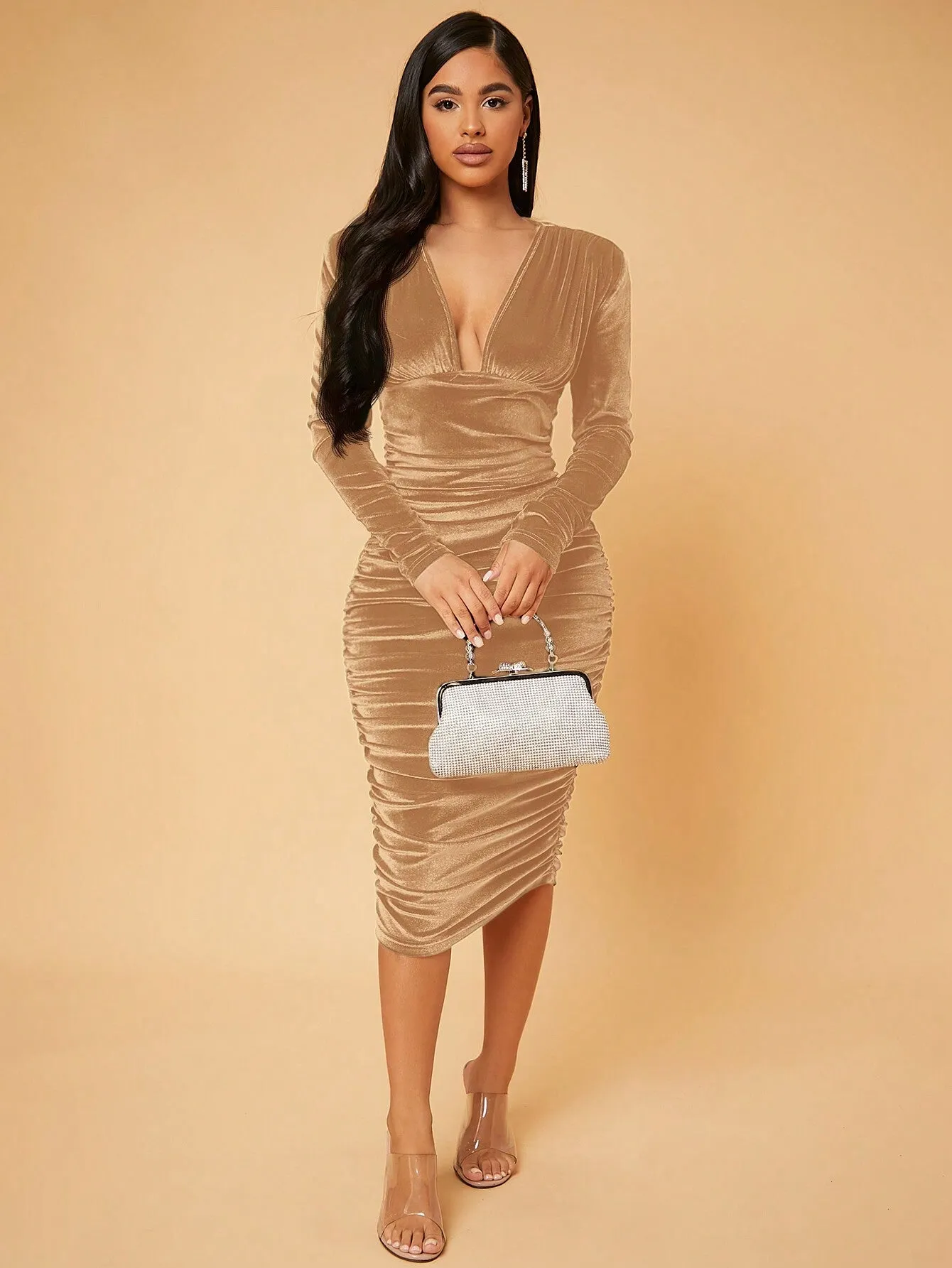 SXY Deep V Neck Ruched Velvet Bodycon Dress