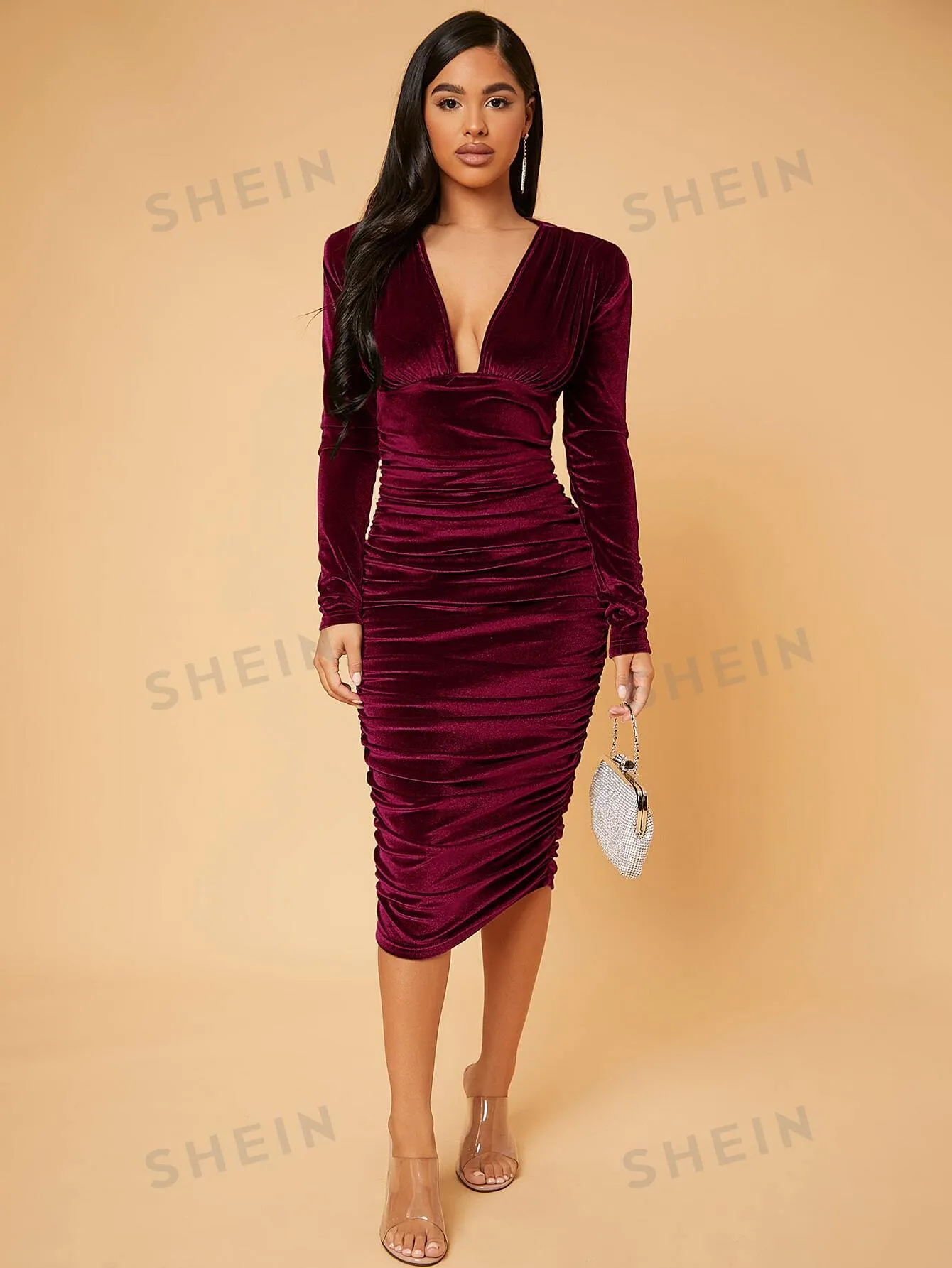 SXY Deep V Neck Ruched Velvet Bodycon Dress