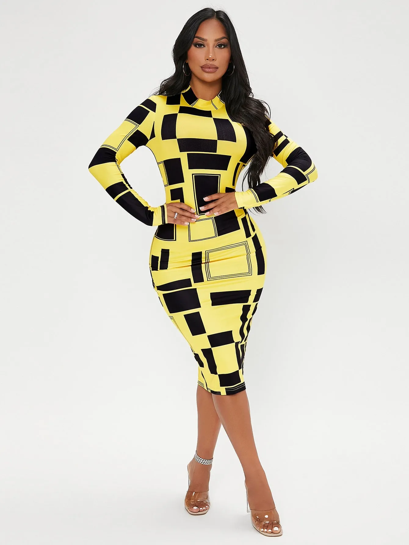 SXY Geo Print Mock Neck Bodycon Dress