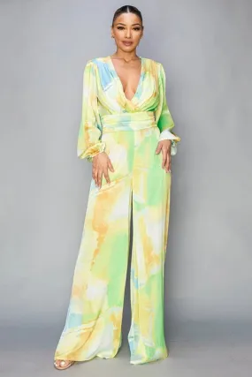 Tie Dye Satin Long Sleeve Jumpsuit