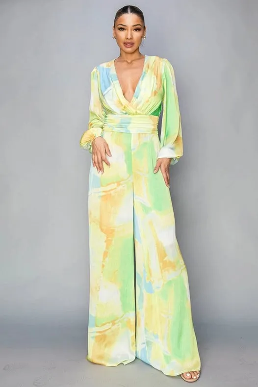 Tie Dye Satin Long Sleeve Jumpsuit