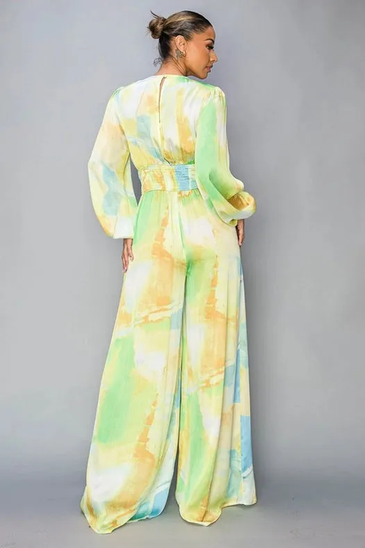 Tie Dye Satin Long Sleeve Jumpsuit