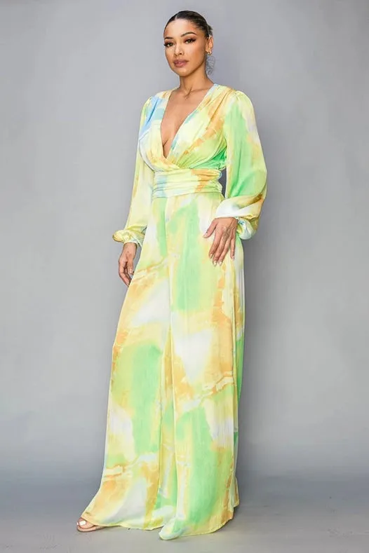 Tie Dye Satin Long Sleeve Jumpsuit