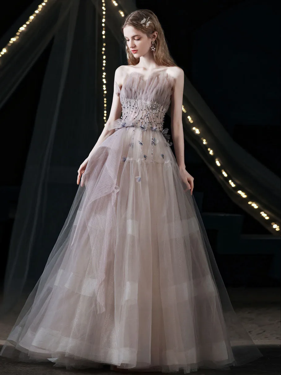 Unique Tulle Beads Long Prom Dress, Light Purple Tulle Evening Dress