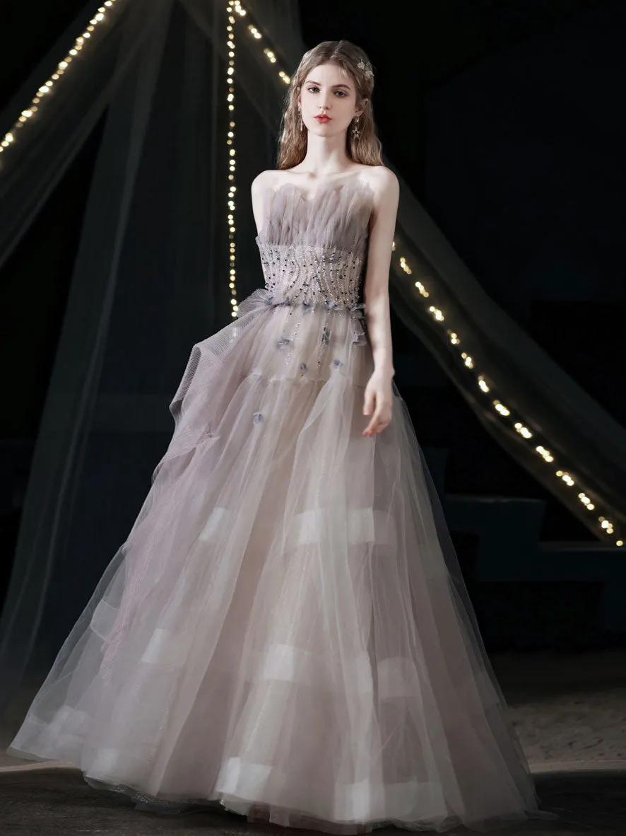 Unique Tulle Beads Long Prom Dress, Light Purple Tulle Evening Dress