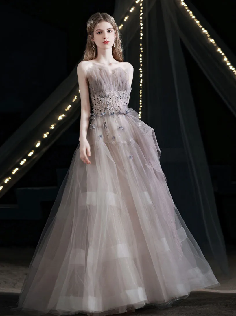 Unique Tulle Beads Long Prom Dress, Light Purple Tulle Evening Dress