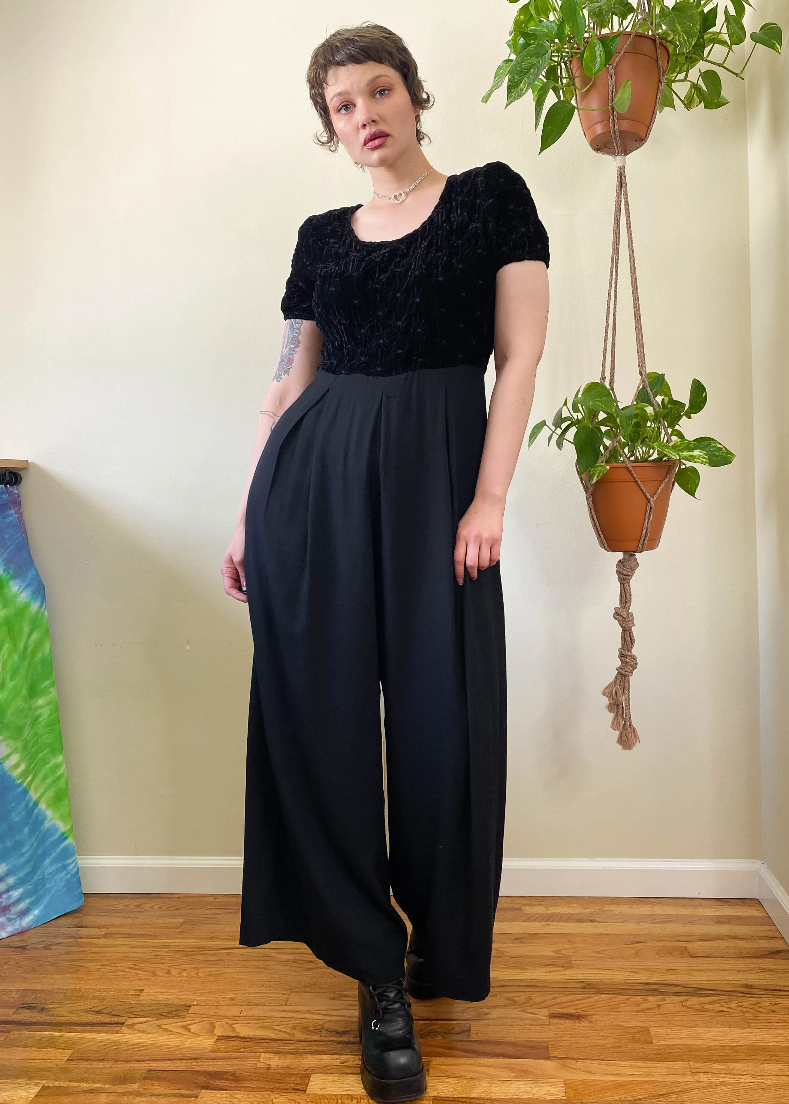 Vintage Jet Black Trouser Jumpsuit - XL