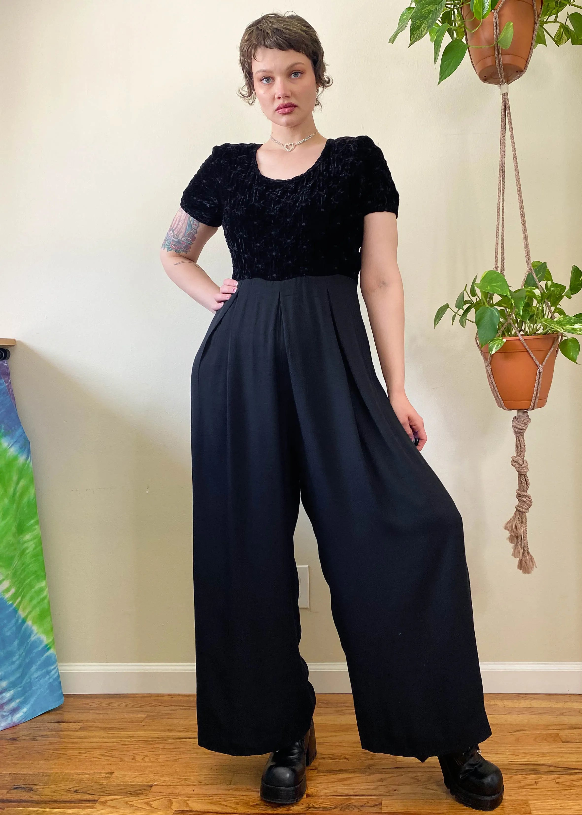 Vintage Jet Black Trouser Jumpsuit - XL