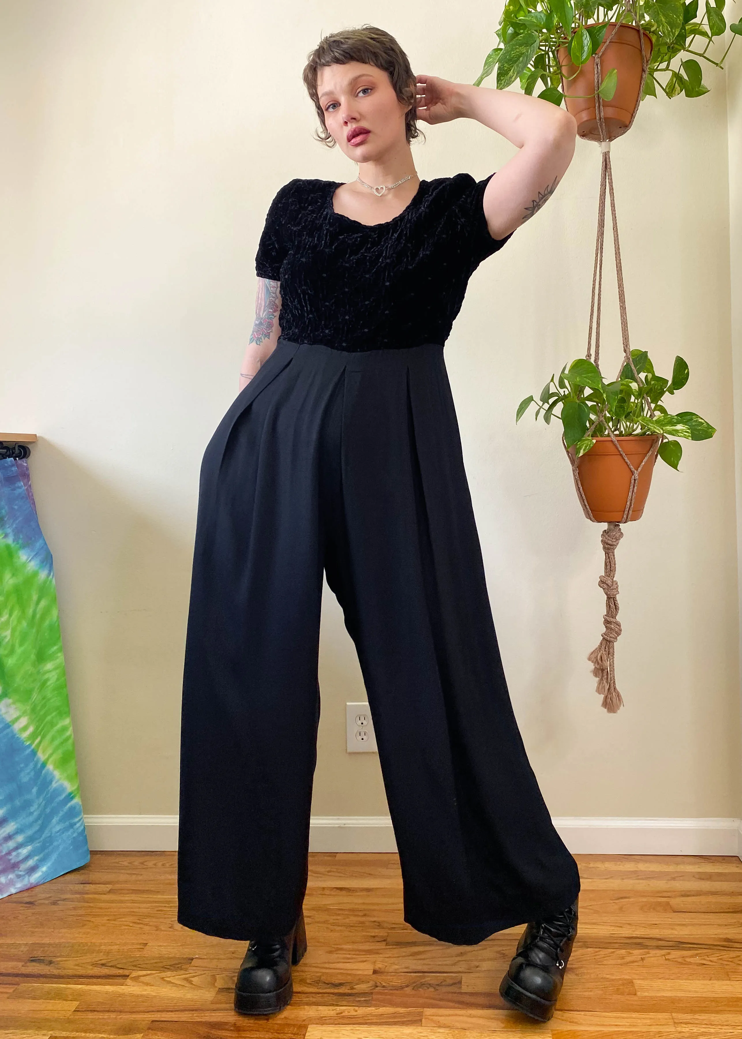 Vintage Jet Black Trouser Jumpsuit - XL