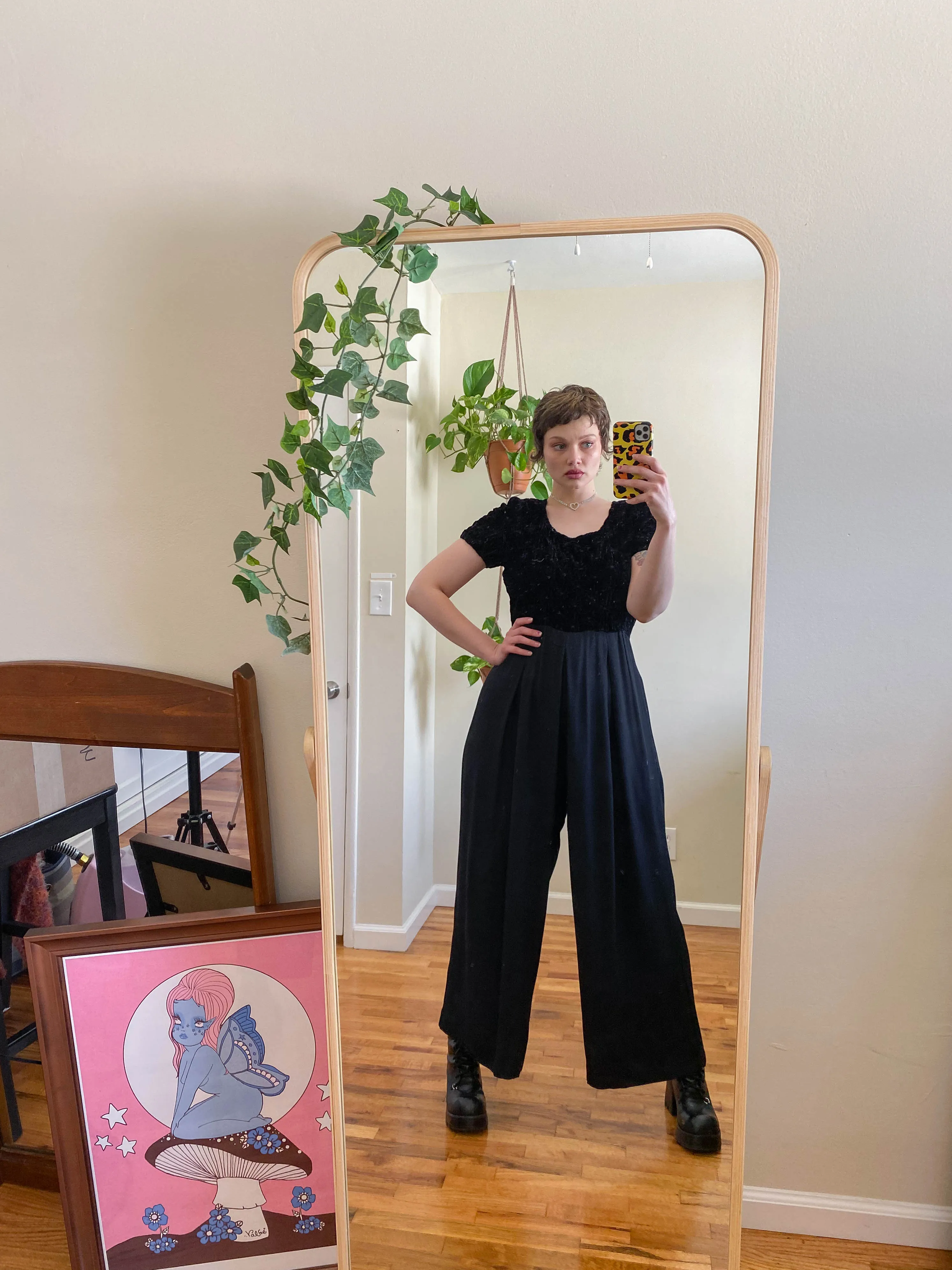 Vintage Jet Black Trouser Jumpsuit - XL