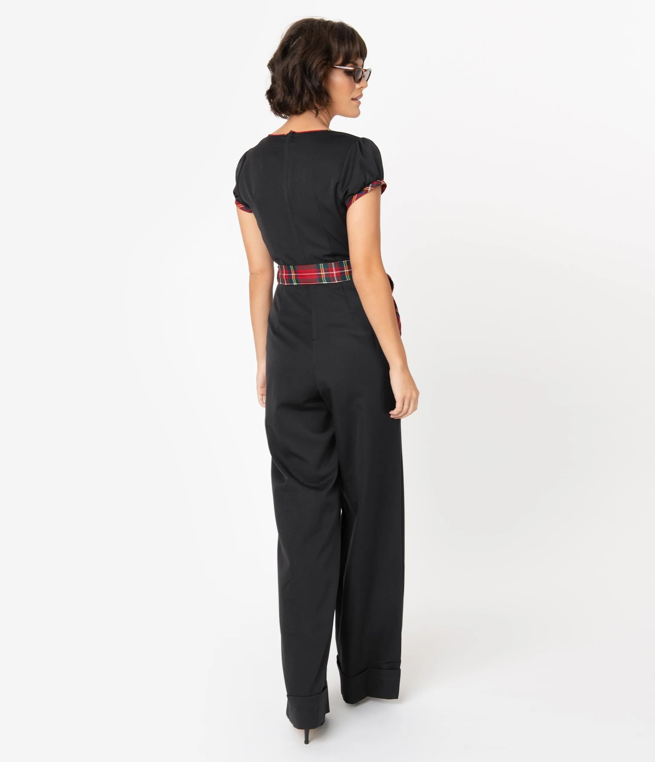 Voodoo Vixen 1970s Black & Red Tartan Accent Wide Leg Jumpsuit