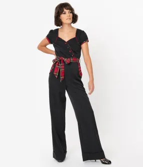 Voodoo Vixen 1970s Black & Red Tartan Accent Wide Leg Jumpsuit