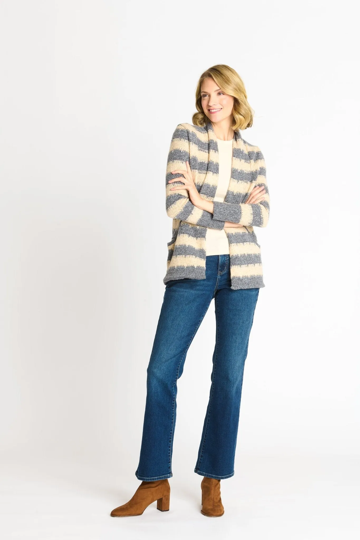 Wave Stripe J-Pocket Cardigan Sweater, Light Heather