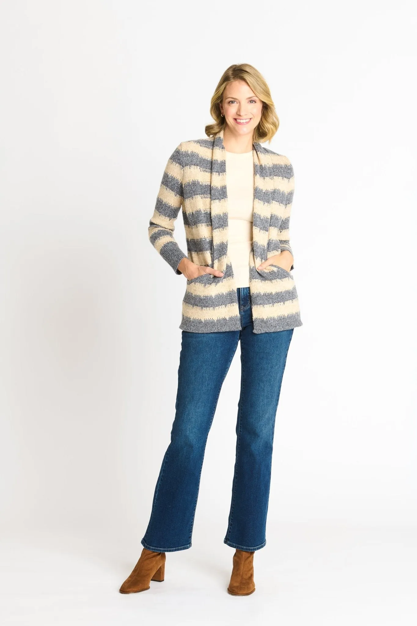 Wave Stripe J-Pocket Cardigan Sweater, Light Heather