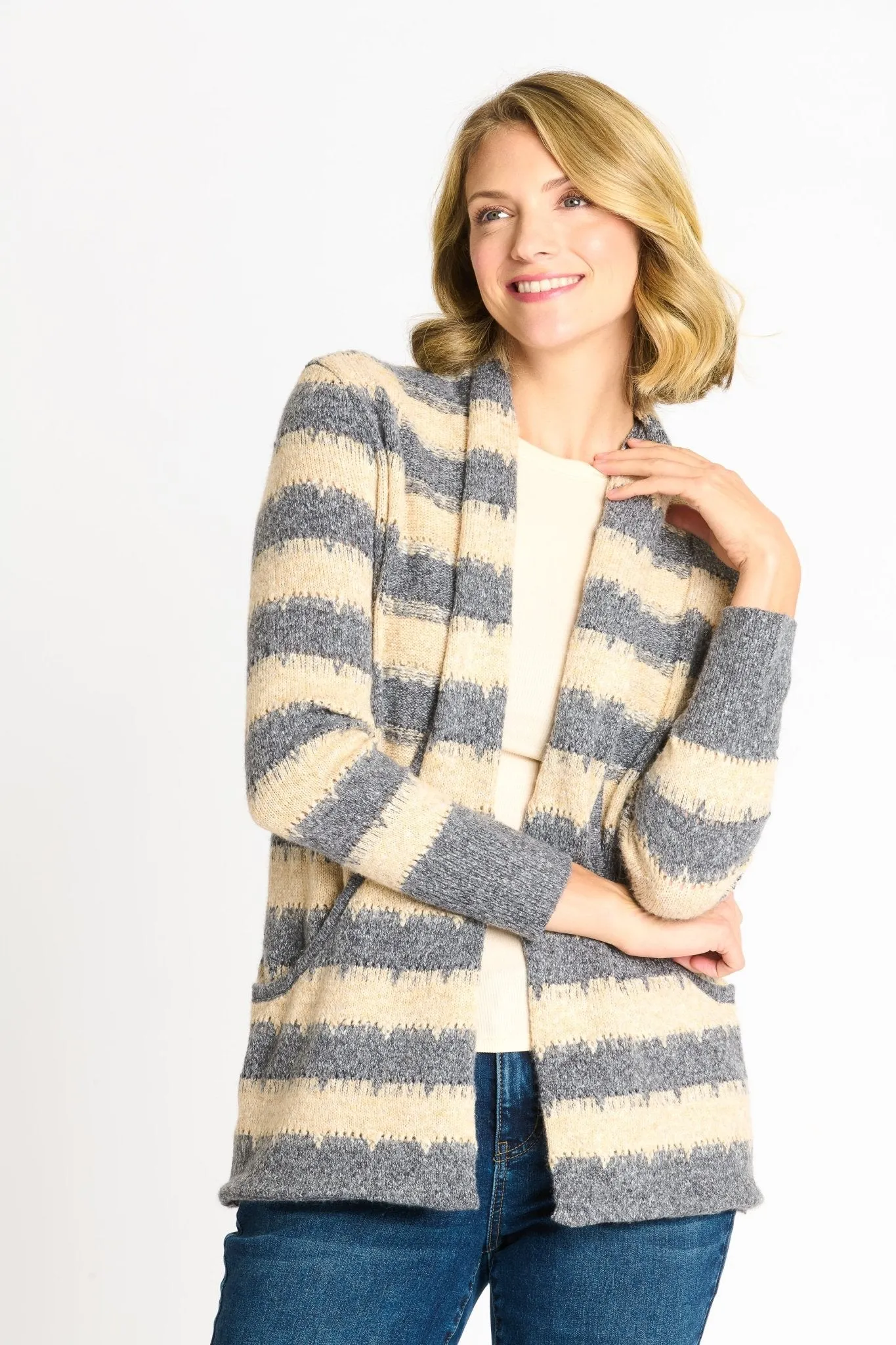 Wave Stripe J-Pocket Cardigan Sweater, Light Heather