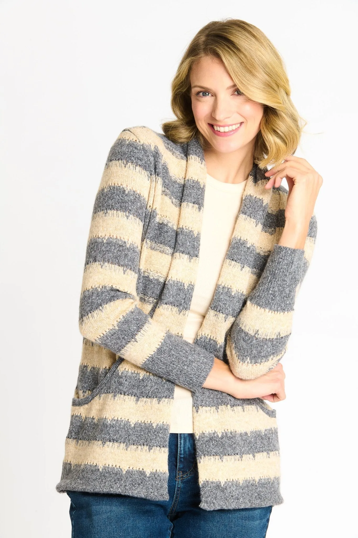 Wave Stripe J-Pocket Cardigan Sweater, Light Heather