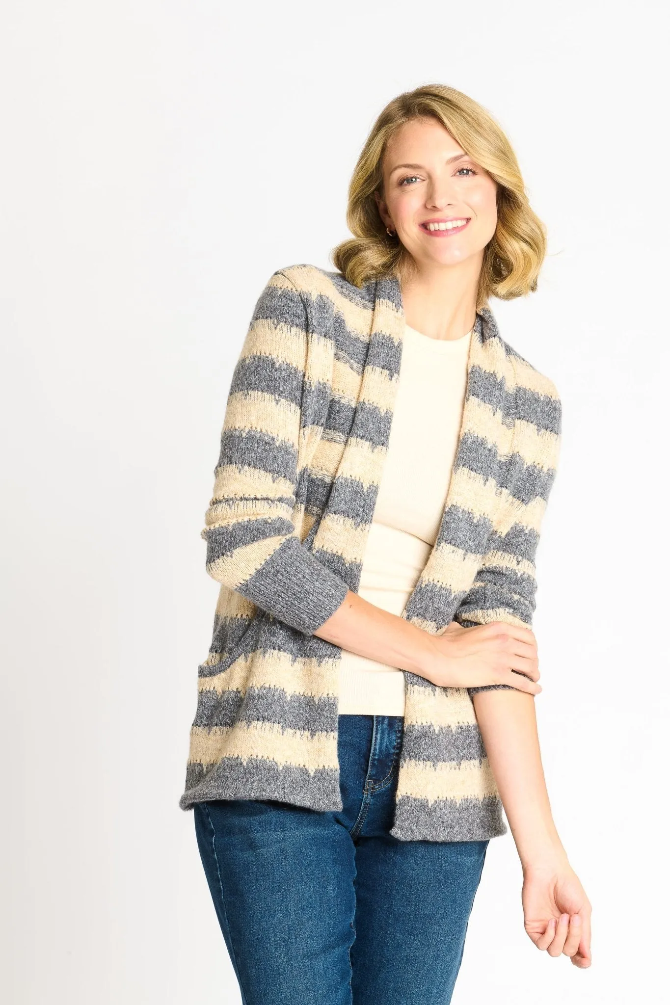 Wave Stripe J-Pocket Cardigan Sweater, Light Heather