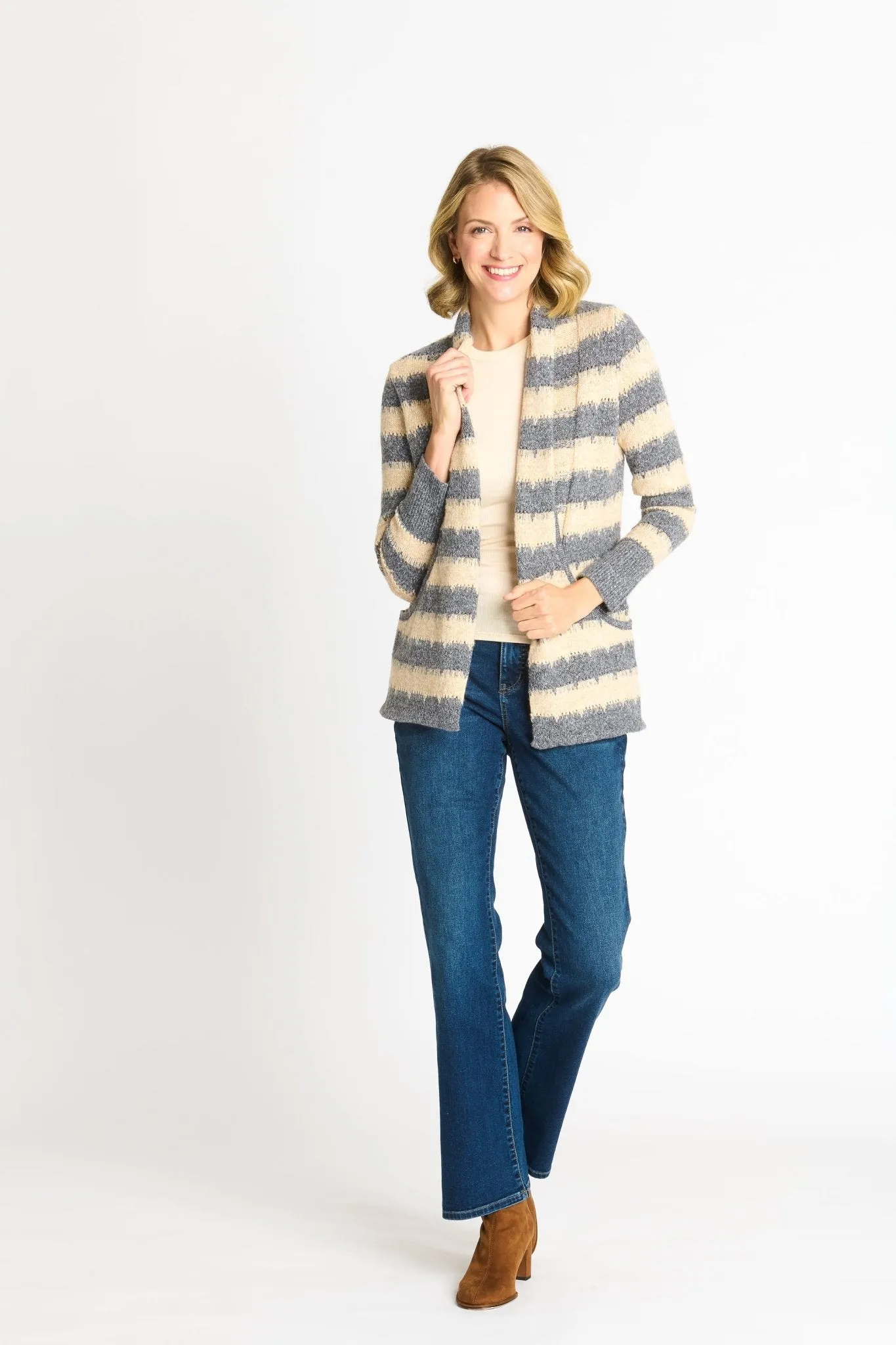 Wave Stripe J-Pocket Cardigan Sweater, Light Heather