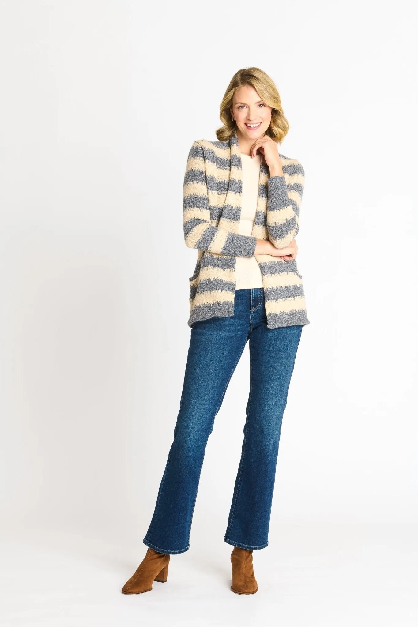 Wave Stripe J-Pocket Cardigan Sweater, Light Heather