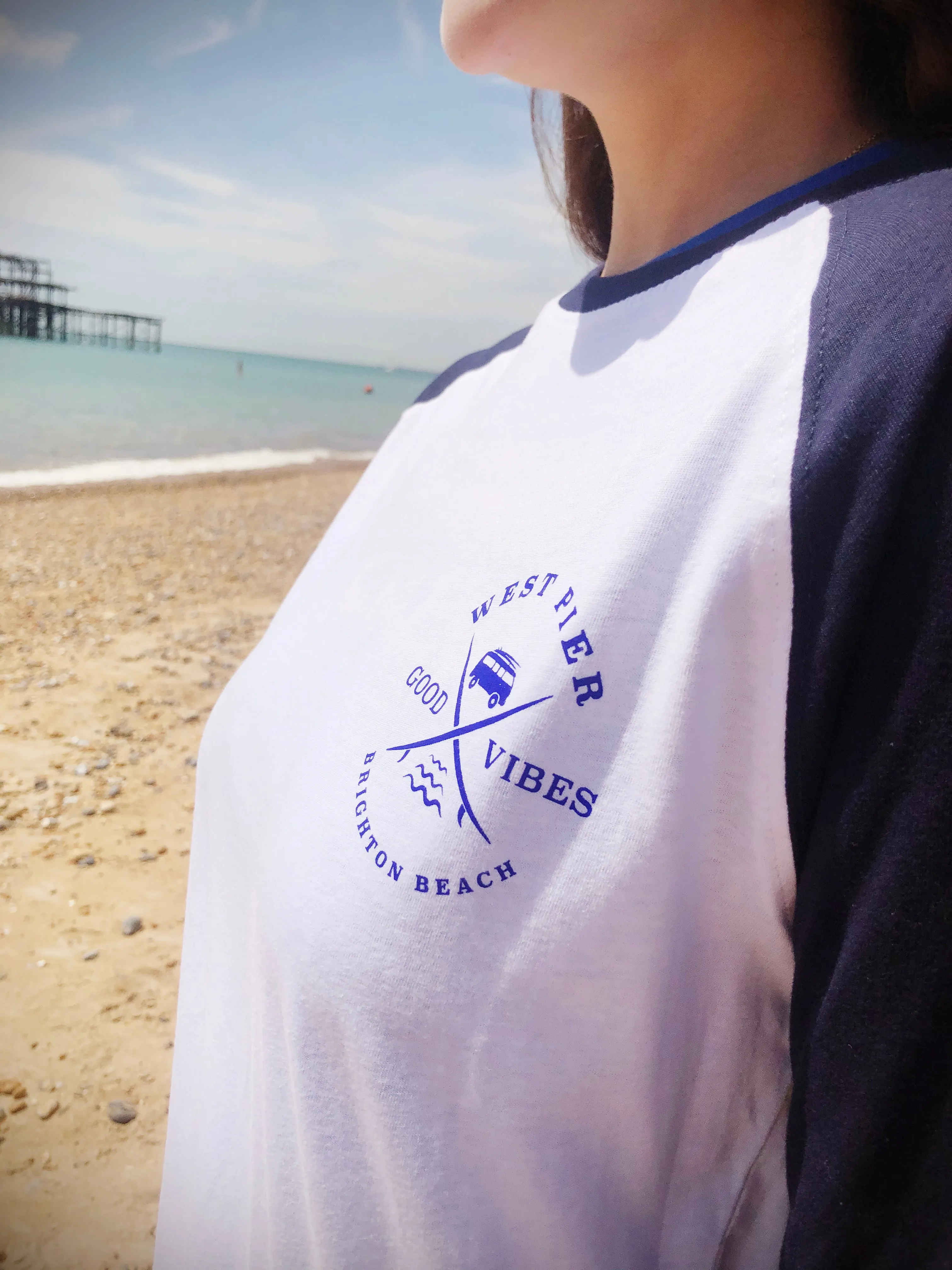 West Pier Long Sleeve Raglan T-Shirt - 100% Cotton - White with Navy Blue Sleeves