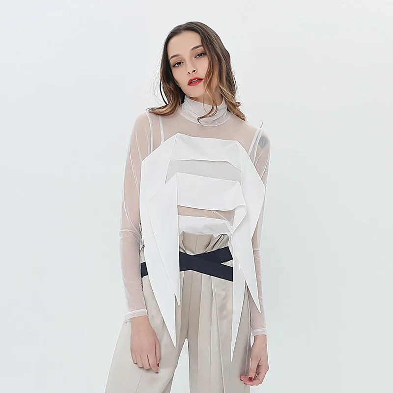 White Patchwork T Shirt For Women Turtleneck Long Sleeve See Through Casual T Shirts Female Fashion Clothing