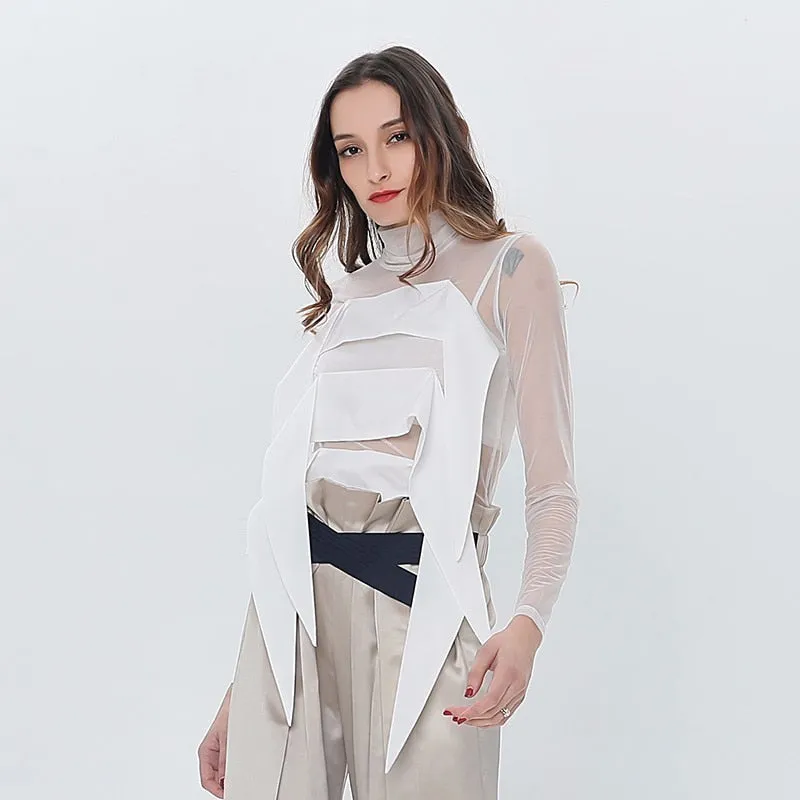 White Patchwork T Shirt For Women Turtleneck Long Sleeve See Through Casual T Shirts Female Fashion Clothing